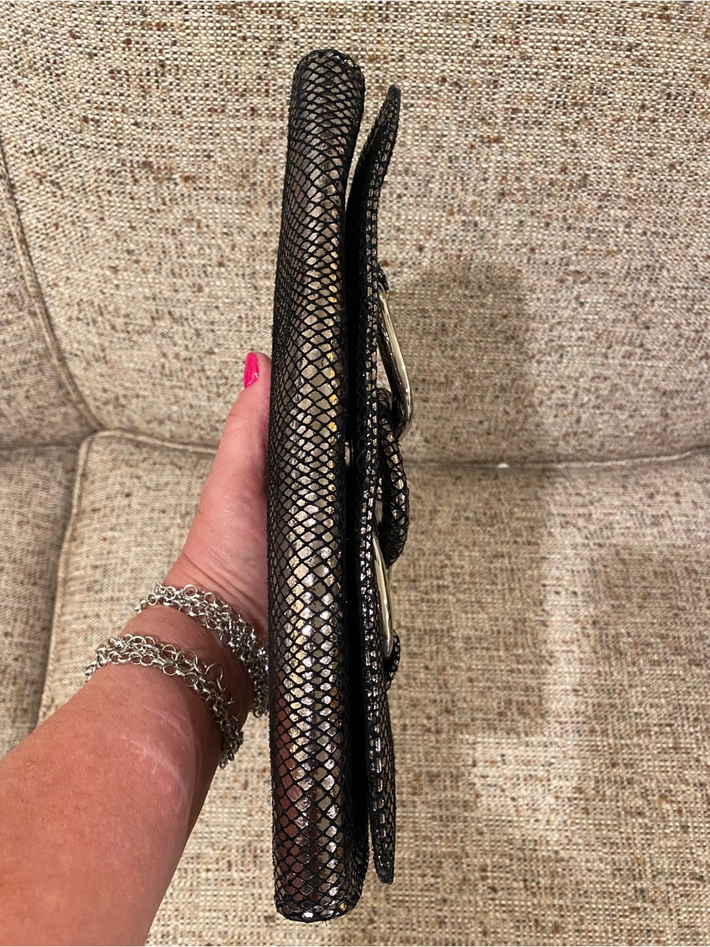 Vintage Brand New MK Black Metallic Snakeskin-Effect Clutch with Silver Buckle - Picture 3 of 16